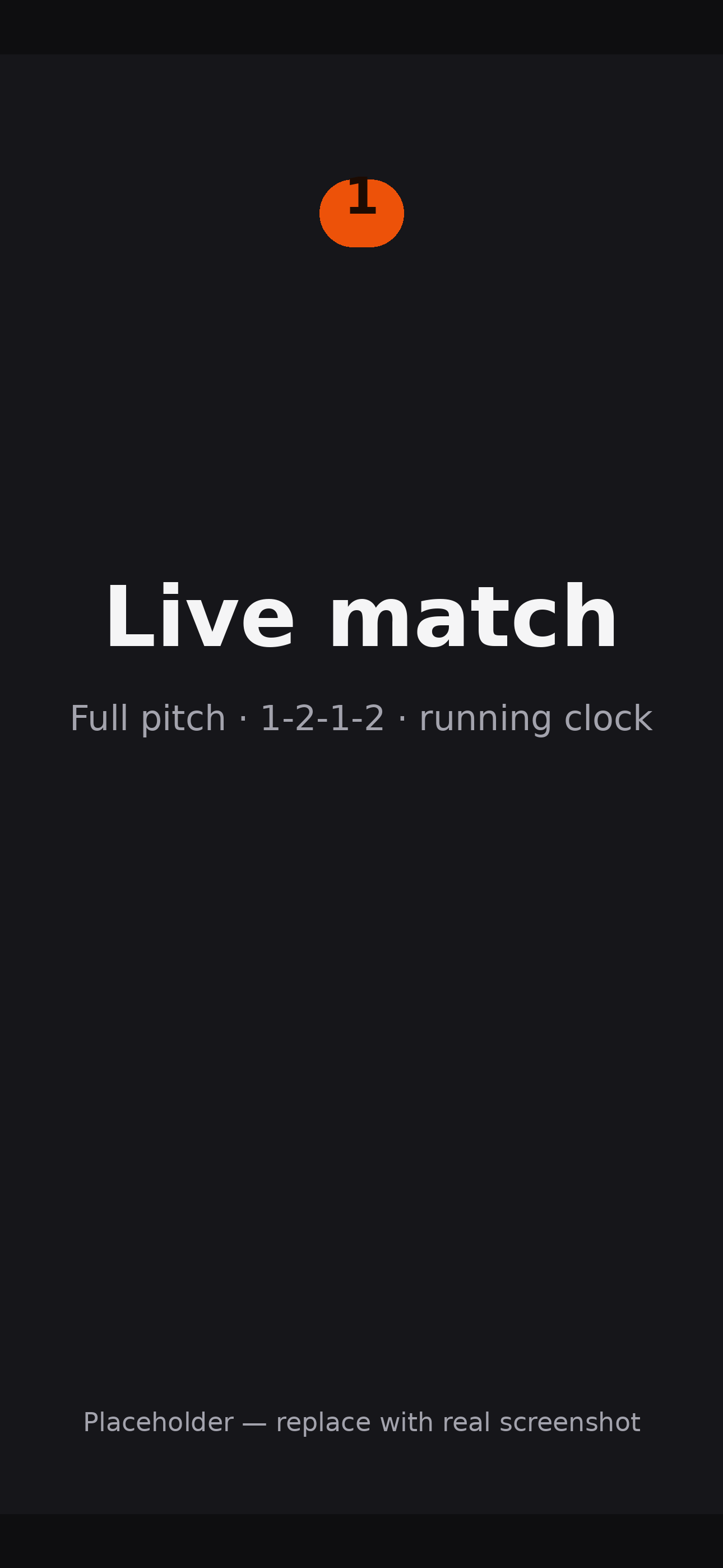 Benchwarmer live match — players positioned in a 1-2-1-2 formation with minute counts on each token and a running clock